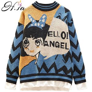 H.SA Donna Sweaterpullovers Falso 2 Pezzi Maglione lavorato a maglia oversize Maglioni Cartoon Chic Harajuku Ragazze Maglioni Pull Femme 210716