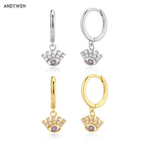 ANDYWEN 925 Sterling Silver Purple Zircon Eye Pendant Piercing Circle Drop Earring For Rock Puck Jewelry Fashion Jewels 210608