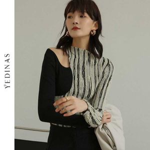 Yedinas Designer T Shirt For Women Sexy Hollow-out Ladies Patchwork Long Sleeve ee Femme op Underwear Chic 210527