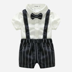 Baby Boys Gentleman Style Clothing Sets Summer Toddler Short Sleeve Shirts With Bowtie+Striped Suspender Shorts 2pcs Set Kids Suits Infant Outfits