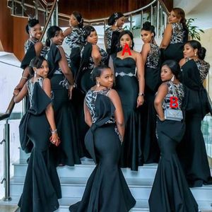 2021 New African Black Cheap Bridesmaids Dresses One Shoulder Mermaid Crystal With Bow Formal Plus Size Maid Of Honors Wedding Guest Gowns