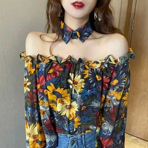 Französisch Langarm Floral Bluse Frauen Vintage Rüschen Slash Neck Tops Sexy Party Chiffon Kleidung Frühling Mode Casual 210604