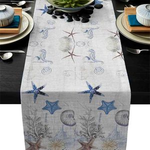 Ocean Starfish Shell Gray Modern Table Runner For Wedding Party Chirstmas Cake Floral Tablecloth Decoration 210628