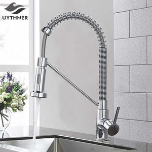 Chrome / Black Style Kitchen Spring Caucet Pull Down Faucet Enkelthandtag Vattenblandare Kran 360 Rotation Kök Vattenblandare Kran 210724