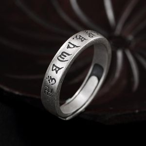 Anéis de cluster Silver 925 Ring traje jóias vintage seis caracteres mantra esterlina ajustável abertura