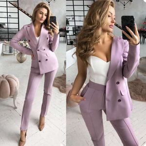 Business Streetwear Frauen Anzüge Zweireiher Elegante Hosen Blazer Party Büro Dame Prom Vintage Weiblichen Mantel 2 Stück 210927