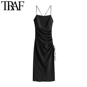 트래프 여성 세련된 패션 사이드 조정 가능한 Drawstring Draped Midi Dress 빈티지 백리스 측면 지퍼 스트랩 여성 드레스 210316