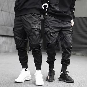 Hip Hop Boy Multi-pocket Elastic Waist Design Harem Pant Men Streetwear Punk Casual Trousers Jogger Male Dancing Black Pant 211201