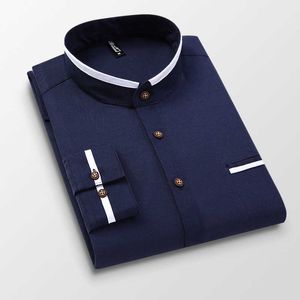 Mężczyźni Koszula Z Długim Rękawem Stand Oxford Business Dress Casual Shirts Slim Fit Fit Brand Weeding Koszula Biały Niebieski Mężczyzna Koszula 5XL DS414 210629