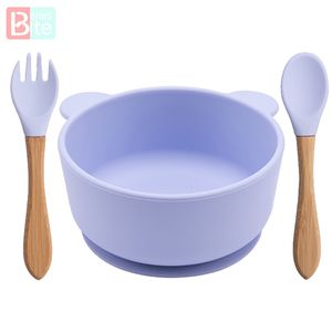 1Set Silikon Baby Feeding Bowl Learning Panda Rätter Sug Trä Gaffel Sked Non-Slip För Spädbarn En Gratis 211012