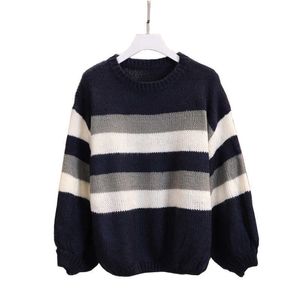 PERHAPS U Women Sweater Knitted Pullovers Long Sleeve Navy Blue Striped Loose Winter Casual M0037 210529