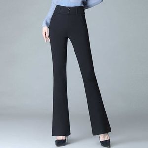 Frauen Elegante Flare Hosen Hohe Taille Stretch Casual Hosen Hosen Zwei Tasten Büro Dame Plus Größe Schwarz Hosen Q0801