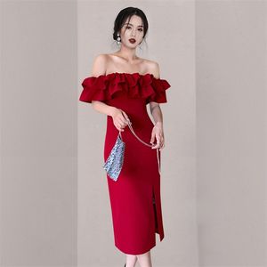 Summer Skirt Red Francuski Dress Dress Ruffle Elegan Twardament Slit Długie Maxi Banget Party dla kobiet Sukienki 210602