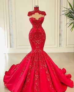 Sparkly Red Mermaid Evening Dresses 2022 Lace Applique Beaded Pearls Aso Ebi African Arabic Sweetheart Prom Gown Abendkleider