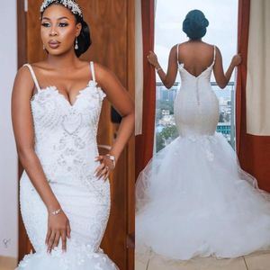 African Wedding Dresses Bridal Gown Mermaid Spaghetti Straps Crystals Beaded Lace Applique Sweep Train Custom Made Plus Size Vestidos De Novia 403