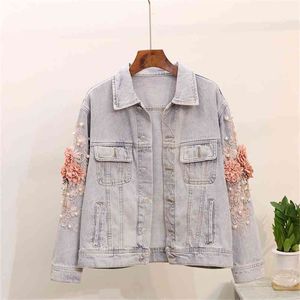 Woman Denim Jacket Single Breasted Floral Appliques Chic Fashion Coat Autumn Causal Embroidery 210603