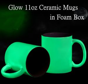 Sublimering glöd i mörkret 11oz keramik muggar med handtag skum låda vita ämnen prokain kaffe mugg grön lysande vattenflaska DIY gåva för barn besties par