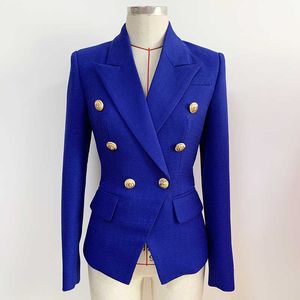 Blazer in lino di cotone blu Blazer da donna casual classico verde con giacche da abito slim doppiopetto in oro Autunno X0721