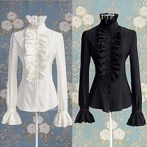 Викторианские женские топы высокая шея оборками с длинным рукавом сплошной цветной рубашкой OL Office Frilly манжеты блузка осень топы женские горячие 210315