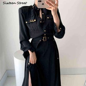 Vintage Fracht Kleid Frau mit Gürtel Hohe Taille einreiher Vestidos Frau Kleidung Koreanische Chic OL Schwarz Maxi Kleider weibliche G1214