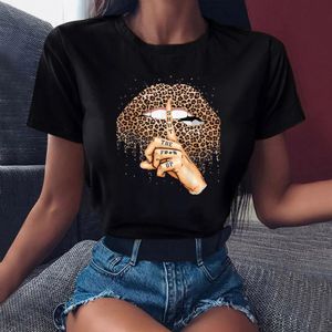 T-shirt da donna Propcm manica corta gocciolante labbra leopardate stampa girocollo maglietta grafica abiti estivi donna Casual Streetwear T-shirt