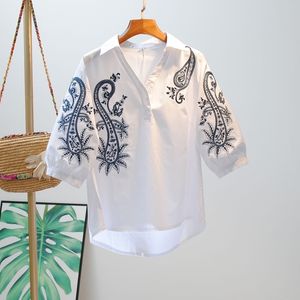 Vanovich Summer Cotton Vネック女性ブラウス気質野生のカジュアルレディース刺繍プラスサイズの服210615