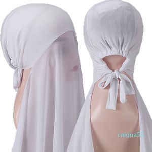 Popular Muslim HIjab Scarf with Cap Bubble Solid Color Heavy Chiffon Hijab With Bonnet Elastic Rope Free Use Style Shawls Wraps