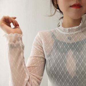 WOMENGAGA Spring Summer Women's Clothing Sweet Lady Mesh Lace Stand Collar Curled Top Hook Transparent T Shirt 9XDW 210603