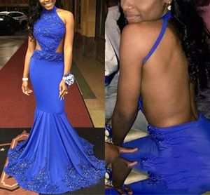 Sexy Royal Blue African Evening Kleider Party formelle elegante Frauen hoher Nackenperlen Kristall Applikation Offener Rücken Trompete Prom Kleid Meerjungfrau