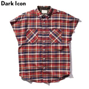 Flanel Plaid Oversized Mens Shirt Bez Rękawów Summer Hip Hop Koszulki Mężczyźni Bawełniane Koszule Mężczyzna Odzież 210603