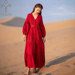 YOSIMI Sommer Maxi Elegante Baumwolle und Leinen Langarm Frauen Kleider Spitze V-ausschnitt Vintage Böhmischen Weiblichen Roten Kleid 210604