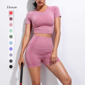 2 PCS Seamlwomen Yoga Set Workout Sportswear Gym Roupas Fitnlong Manga De Luva Top Alto Cintura Leggings Curto Suites X0629