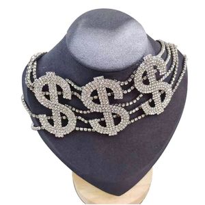 Mulheres Luxo Grande Dólar Colar Bling Cristal Rhinestone Corrente Ajustável Chocker Multicamada Jóias Para Acessórios De Festa