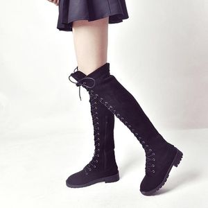 ブーツファッション女性ローヒール春冬の膝品質長い快適な正方形の弾性生地太ももの高いハイ