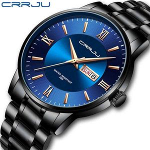 relogio masculino CRRJU Men's Watches Fashion WristWatch for Men Stainless Steel Band waterproof Date Blue Gift Quartz watches 210804