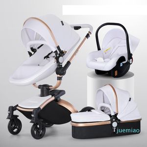 Baby Barnvagn 3 i 1 Lyxvagn för nyfödd vagn PU Läder Hög Landskap Trolley Bil 360 Roterande Baby Pushchair Shell