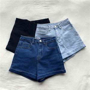 Retro chic hög midja krullade denim shorts kvinnliga raka sommar jeans för kvinnor 210629
