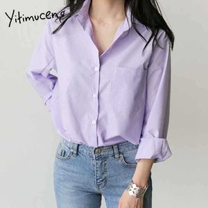 yitimucengストライプブラウス女性プラスサイズの特大オフィスレディシャツ長袖ライト紫夏韓国のファッショントップ210601