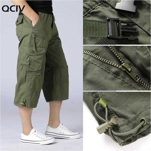 Summer Men's Casual Cotton Cargo Shorts Overalls Long Length Multi Pocket Hot breeches Military Capri Pants Male Short X0628