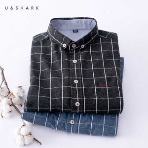 Ushark black xadrez camisa para homens 100% algodão flanela camisas de manga longa camisas casuais de marca masculino marca magro ajuste patch design 210603