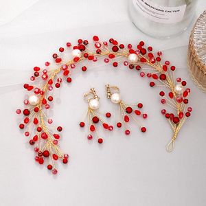 Ohrringe Halskette handgemachte rote Perlen Perlen Stirnbänder Ohrring Schmuck Sets für Braut Noiva Hochzeit Tiaras und Kronen Haar Frauen Haarbänder