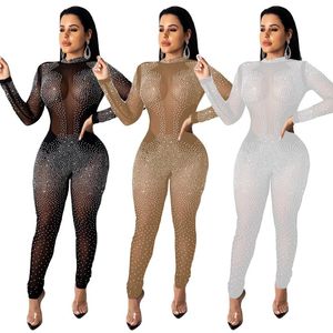 Women's Jumpsuits & Rompers Fashion Women Jumpsuit Rhinestone Mesh Sheer Playsuit Long Sleeve Bodycon Bodysuit Club Party Wear Romper Overal