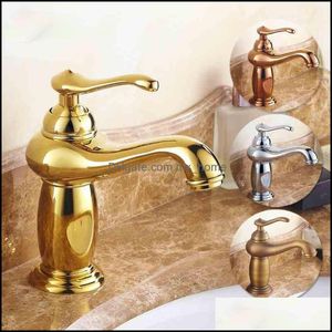 Badrumsvaskkranar kranar duschar ACCS Home Garden European Solid Brass Antique Basin kran och kallt vatten tvättade enstaka handtagsfält