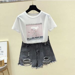 Short Sleeve T Shirt Women Kawaii Clothes Pink Casual Summer Tops Female Tshirt White Korean Fashion Beading Tee Shirt Thin 2021 X0628