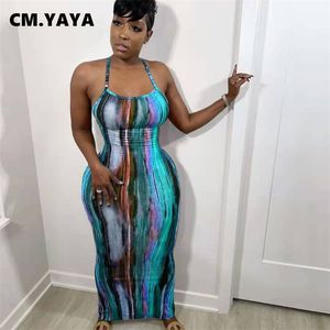 CM.YAYA Tie Tye Imprimir Halter Aberto Vestido Maxi para Mulheres Bodycon Sem Mangas Splited Lápis Midi Vestidos de Longo Verão 210623