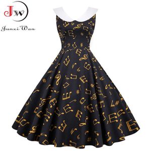 2021 sommer Kleid Frauen Süße Peter pan Kragen Vintage Elegante Plus Größe Musik Note Drucken Schlanke Ärmellose Party Kleider Robe y0726