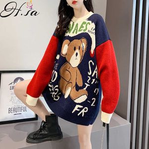 HSA Bear Sweater Womens Slip Outster Wear Stile coreano a mezza lunghezza autunno e inverno ispessimento scolastico pigro maglione 210716