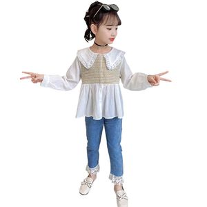 Children Clothes Plaid Blouse + Jeans Girls Clothing Lace Floral For Teenage Casual Style Children's Suits 210528