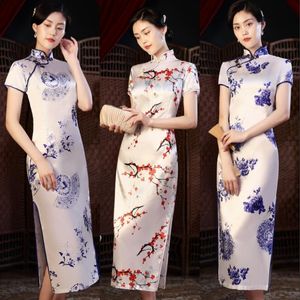 Etnisk Kläder 6XL Traditionell Utskrift Blommor Slim Cheongsam Sommar Kinesisk Stil Bröllopsklänningar Kvinnor Party Modern Mid-Length Qipao Dre