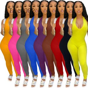 Women Jumpsuits Designer Slim Sexy Solid Color Hanging Neck V Neck Open Back Pile Pants Onesies Leggings Rompers